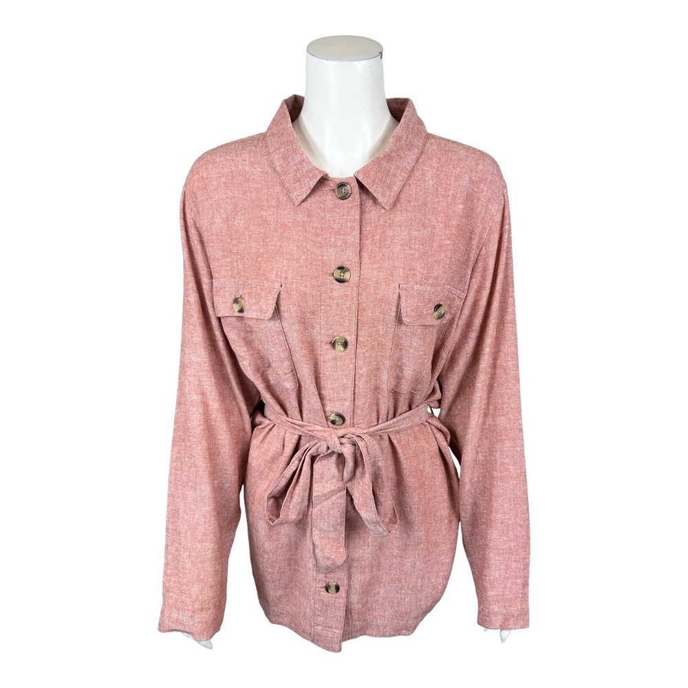 Centigrade Button Front Linen Shacket with Shirttail Hem Top Copper 1X Plus Size